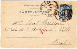 Entier Postal - Carte Lettre Type Sage   - 15  C. Bleu       (63214) - Kaartbrieven