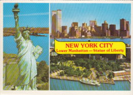 CPA NEW YORK CITY- STATUE OF LIBERTY, SHIP, SKYLINE, WORLD TRADE CENTRE TOWERS - Estatua De La Libertad