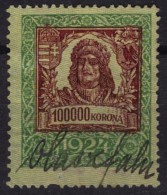 1924  Hungary - Revenue Stamp - 100000 K - Used - Revenue Stamps