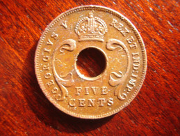 BRITISH EAST AFRICA USED FIVE CENT COIN BRONZE Of 1924 - GEORGE V. - Colonie Britannique
