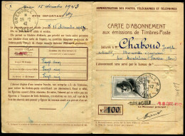 FRANCE - PETAIN - N° 525 / CARTE ABONNEMENT  AUX TP, OBL GRENOBLE LE 18/12/1942 - RARE - 1941-42 Pétain