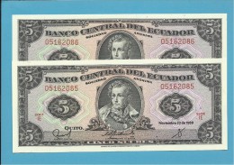 ECUADOR - 2 X 5 SUCRES - 22.11.1988 - Pick 113d - Série IE - UNC. - FOLLOWED NUMBERS-NOMBRES SUIVANTS-NUMEROS SEGUIDOS - Equateur