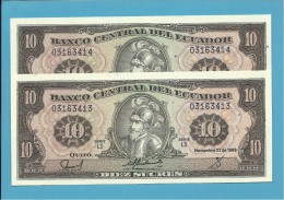 ECUADOR - 2 X 10 SUCRES - 22.11.1988 - Pick 121 - Série LS - UNC. - FOLLOWED NUMBERS-NOMBRES SUIVANTS-NUMEROS SEGUIDOS - Equateur