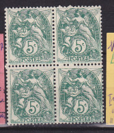 FRANCE N° 111  5C VERT JAUNE  TYPE BLANC LEGERE IMPRESSION OSCILLEE BLOC DE 4 NEUF SANS CHARNIERE - Unused Stamps