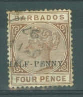 Barbados: 1892   QV - Surcharge    SG104      'Half-Penny' On 4d  [broken 'N']     Used - Barbados (...-1966)