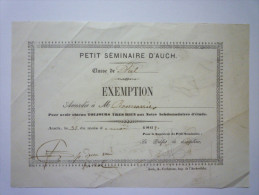 Petit Séminaire D´AUCH  (Gers)  :  BULLETIN  D´EXEMPTION   1862 - Diplômes & Bulletins Scolaires