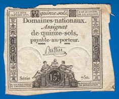 AUTHENTIQUE ASSIGNAT BEAUX TIMBRES SECS QUINZE SOLS SERIE 750 FILIGRANE FLEUR DE LYS BUTTIN LOI DU 4 JANV 1792 L'AN 4 - Assignats & Mandats Territoriaux