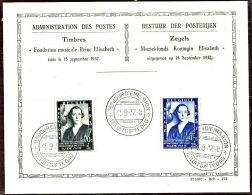 BELGIQUE 1937 - Fondation Musicale Reine Elisabeth (Yvert 456/57) - Briefe U. Dokumente