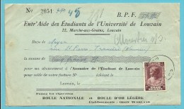 462 Op Recu Met Stempel LEUVEN (surtaxe / Toeslagzegel Rare Op Recu) !!!!! Hoofding "Universite De Louvain" - Cartas & Documentos