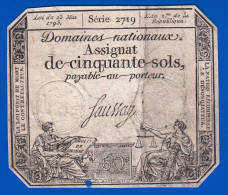 AUTHENTIQUE ASSIGNAT DEUX TIMBRES SECS 50 SOLS SERIE 2719 FILIGRANE RF DANS UN CERCLE SAUSSAY LOI DU 23 MAI 1793 L'AN 2 - Assignate