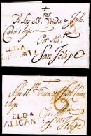 ALICANTE PREF. - ELDA P.E. 1N - CONJUNTO 2 CARTAS CIRC. A JATIVA - PORTEO 5 Y 6 - ...-1850 Prephilately