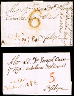 ALICANTE PREF. - ELDA P.E. 1N - CONJUNTO 2 CARTAS CIRC. A JATIVA - PORTEO 5 Y 6 - ...-1850 Prefilatelia