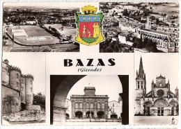 CPSM 33 BAZAS Multivues Vue Aérienne Terrain De Sports Cathédrale Blason Années 1960 - Bazas