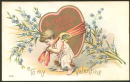 VALENTINE DAY HEART ANGEL LITHO OLD EMBOSSED POSTCARD 1911 - San Valentino