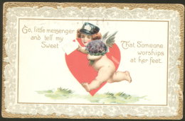 VALENTINE DAY ANGEL LOVE HEART LITHO OLD EMBOSSED POSTCARD 1911 - Saint-Valentin