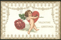 VALENTINE DAY ANGEL LOVE HEART LITHO OLD EMBOSSED POSTCARD 1912 - San Valentino