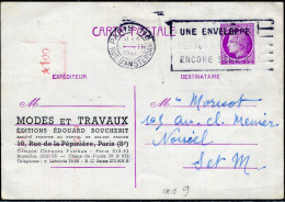 FRANCE - E.P. CÉRÈS MAZELIN, CP 1,5F LILAS + COMPLEMENT AFFRANCHISSEMENT 1F PAR OM ROUGE DE PARIS LE 7/1/1946 - RARE - 1945-47 Ceres De Mazelin