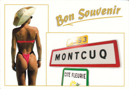 CPM MONTCUQ LOT BON SOUVENIR FEMME EN MAILLOT DE BAIN PEU VETUE SEXY FESSES - Montcuq