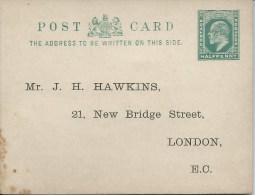 Half Penny (1/2d) Edward 1903 Post Card Mint Unused Addressed To Lodge Member For Reply Damaged On Rear - Brieven En Documenten