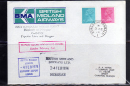 GREAT BRITAIN GRAN BRETAGNA 4 FEB 1974 BMA FIRST FLIGHT HEATHROW LONDON NEWQUAY G-BAVX CAPTAINS LINES MORGAN FDC COVER - 1952-1971 Em. Prédécimales