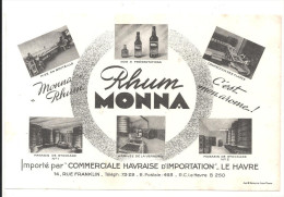 Buvard Rhum MONNA Importé Par "COMMERCIALE HAVRAISE D'IMPORTATION" 14 Rue Franklin Le Havre - Liquore & Birra