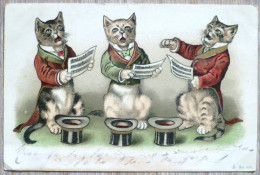 Cpa Litho Precurseur Illustrateur Wain ? BOULANGER ? Chat Trio Chats Humanisé Elegant Assis Chanson Chant Chapeau Dorure - Gekleidete Tiere