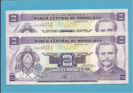 HONDURAS - 2x2 LEMPIRAS - 12.05.1994 - P 72 - UNC. - FOLLOWED NUMBERS-NOMBRES SUIVANTS-NUMEROS SEGUIDOS - Honduras