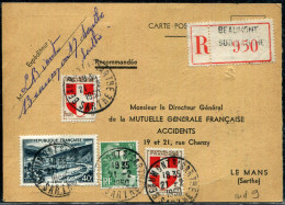 FRANCE - ARMOIRIES - N° 836 (2) + 809 + 842A / CP RECOMMANDÉE DE BEAUMONT S/SARTHE LE 21/2/1950, POUR LE MANS - TB - 1941-66 Escudos Y Blasones