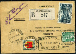 FRANCE - ARMOIRIES - N° 837 + 809 + 842A / CP RECOMMANDÉE DE ST. JEAN DE LOSNE LE 11/3/1950, POUR LE MANS - TB - 1941-66 Escudos Y Blasones