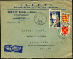 FRANCE - ARMOIRIES - N° 952 + 1003 + 973 / LETTRE AVION DE DAMPRICHARD LE 2/3/1955, POIR NEW YORK - TB - 1941-66 Coat Of Arms And Heraldry