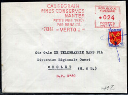 FRANCE - ARMOIRIES - N° 1047 + O.M. ROUGE 24F / LETTRE DE VERTOU LE 7/12/1962, POUR CHOLET - SUP - 1941-66 Coat Of Arms And Heraldry