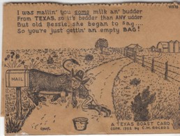 Texas Boast Humor, Empty Paper Bag As Postcard, Cow Gave No Milk, C1950s Vintage Postcard - Other & Unclassified