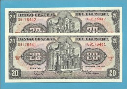 ECUADOR - 2 X 20 SUCRES - 22.11.1988 - Pick 121A - Série LQ - UNC.- FOLLOWED NUMBERS-NOMBRES SUIVANTS-NUMEROS SEGUIDOS - Equateur