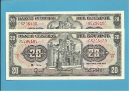 ECUADOR - 2 X 20 SUCRES - 22.11.1988 - Pick 121A - Série LR - UNC.- FOLLOWED NUMBERS-NOMBRES SUIVANTS-NUMEROS SEGUIDOS - Equateur