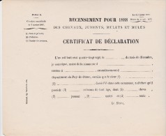 CERTIFICAT DE DECLARATION RECENSEMENT 1888 DES CHEVAUX-JUMENTS ET MULES- - Ohne Zuordnung