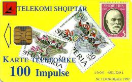 ALBANIA 100 U MAN ON STAMPS FRONT OLD TELEPHONE BACK CHIP ID.04/97  READ DESCRIPTION !! - Albanien