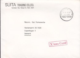 Japan Airmail Par Avion SUITA TRADING Co., N/K KYO - TAXE PERCUE Cover Brief To Denmark X'mas Card Red Cancel - Airmail