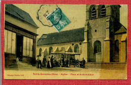 CPA : 60  - Sainte Geneviève -( Beauvais ) : Eglise Place & Arrêt Autobus : Animation - Café De L'Usine - Autobus - RARE - Sainte-Geneviève