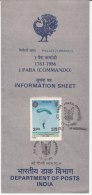 Stamped Information On 1 Para Commando, Parachutting, Militaria, Defence, Army,   India 1986 - Parachutespringen