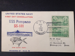 US, 1937 Naval Cover -  US Navy First Day Cancellation-USS Pompano SS-181 - 1851-1940