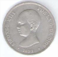 SPAGNA 5 PESETAS 1891 ALFONSO XIII AG SILVER - Andere & Zonder Classificatie