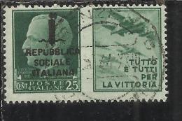 ITALIA REGNO ITALY KINGDOM REPUBBLICA SOCIALE ITALIANA RSI 1944 PROPAGANDA DI GUERRA  CENTESIMI 25 TIMBRATO USED - Oorlogspropaganda