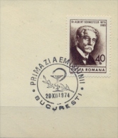 Romania 1974 Albert Schweitzer 1952 Nobel Prize For Peace Stamp On Paper With First Day Cancel - Albert Schweitzer