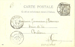 LBL19 - EP CP SAGE 10c REPIQUAGE Vve WETTERWALD  BORDEAUX / CONDOM 1/10/1896 - Overprinter Postcards (before 1995)