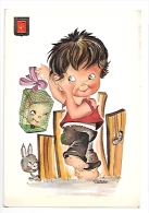 Big Eyes Boy. Petit Garçon Tenant Un Cadeau. Lapin, Ver. - Humorous Cards