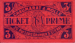 LOIRE 42 - Ticket Prime - Chaumarat Et Molle - St Etienne - 3 Francs - - Bons & Nécessité