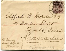 INDES ANGLAISES LETTRE DEPART MADRAS 13 SE. 99 POUR LE CANADA - 1882-1901 Imperio