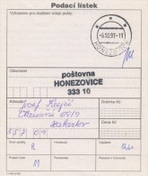 I0058 - Czech Rep. (1997) Postal Receipt / Postal Agencies HONEZOVICE - Brieven En Documenten