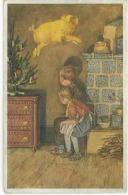 CP Enfants Devant Un Sapin De Noel Et Porc Gras - Humorous Cards