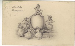 HUMANIZED BUNNY RABBITS DANCING&PLAYING TRUMPET HORN,HUMANOID EASTER RABBIT,GIANT EGG, 1916 Postcard 24 - Pascua